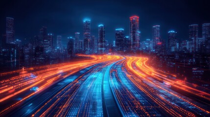 Fototapeta premium City highway at night, futuristic traffic flow, urban landscape, website banner
