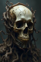 human skull entwined with twisted roots