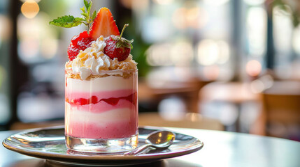 Creamy strawberry mousse in a glass cup, light summer dessert, vibrant pink layers, elegant cafe table