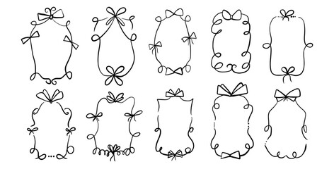 Doodle coquette frames with bows. Vintage scribble line wavy border with ribbons set. Vector cute curly rectangle and oval template for holiday menu. Minimalistic black cadre birthday hand drawn.