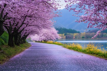 Cherry blossoms line a serene lakeside path in spring, selective focus