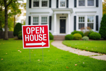 Red open house sign inviting potential buyer to visit property for sale