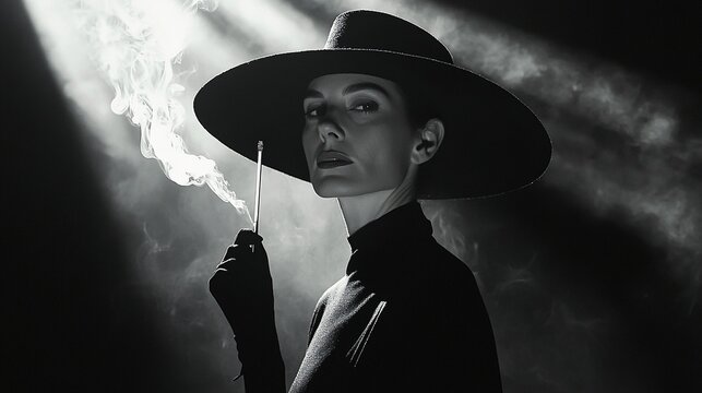Elegant Old Hollywood Portrait of a Woman in Black with Cigarette Holder and Dramatic Shadows