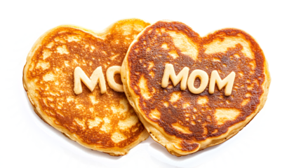 Two pancakes with the word Mom written on them. The pancakes are heart shaped. Concept of warmth and love, as the pancakes are made for a mother
