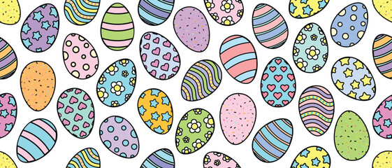 Happy Easter Vector Seamless Pattern or Banner Template. Decorative Easter Eggs Bunny Ears and Decorated painted eggs texture. Repeatable Endless Outline Colorful  Design in Creative Pastel Colors. 