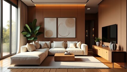 Contemporary living room with rich brown walls and polished wooden floors, creating a warm and inviting space