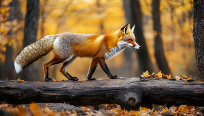 Obraz premium Red fox leaping over a fallen log in an autumn forest. Concept of wildlife, animal agility, nature, autumn scenery