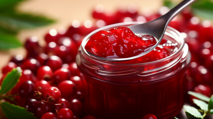 Sweet and vibrant cherry jam glistens with a deep ruby hue. Chunky fruit pieces suspended in the thick spread offer a tantalizing glimpse of summer's bounty. Rich aroma enticing taste buds