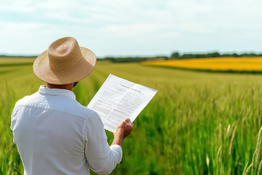 In a sunlit landscape, a farmer stands amidst lush green fields, carefully reviewing an organic certification document