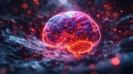 Naklejka premium Glowing brain, neural network, dark background, science concept, medical illustration