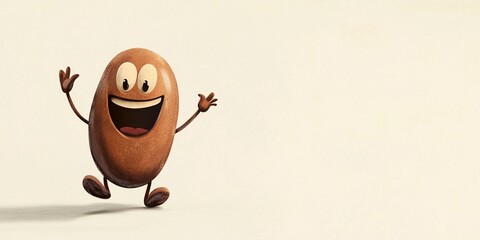 Happy Dancing Coffee Bean Cartoon – Fun Vintage-Style Character with Bold Strokes & Pastel Shades