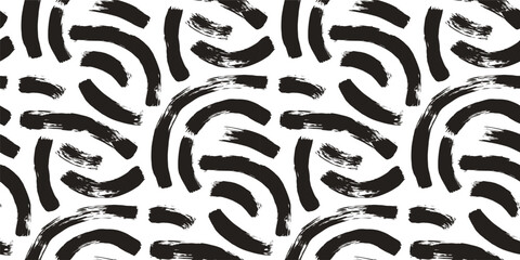 Brush paint curved lines seamless pattern. Bold stroke shapes endless background. Abstract repeat cover. Grunge arc continuous ornament. Vector hand drawn surface pattern design scribble motif.