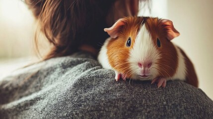Relaxed Guinea Pig Resting on Owner's Shoulder in Soft Natural Light