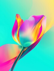 Abstract tulip with vivid pink and gold petals against a soft mint green and yellow gradient background. Modern floral and digital art concept.