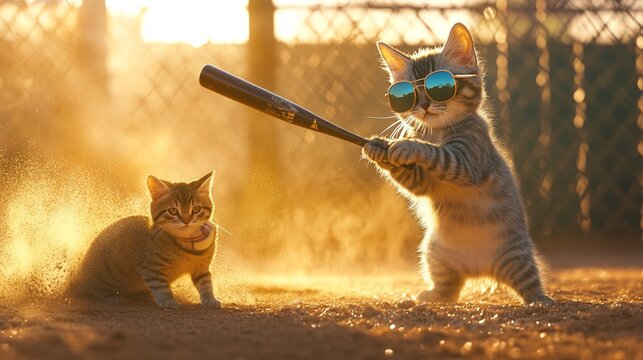 Silver American Shorthair with Aviator Sunglasses Swinging Baseball Bat in Sunset Glow, Cinematic 8K Art