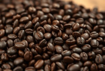 Close-up of dark roasted coffee beans, rich texture, commercial, detail