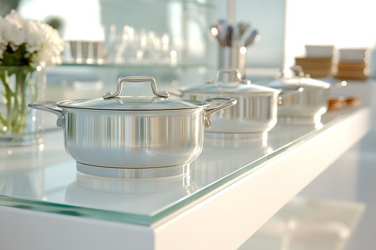 Stylish kitchenware display showcasing frying pans and pots in a modern store setting