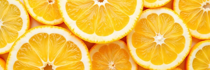 Slices of fresh, vibrant yellow lemons arranged neatly on a white background, healthy food concept of restaurants and cafes