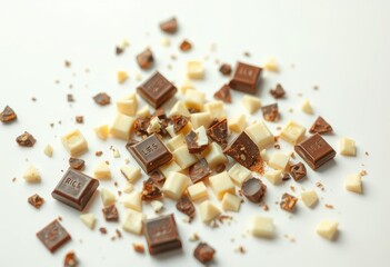 Scattered milk chocolate pieces, glossy surface, white background, close-up, cocoa butter