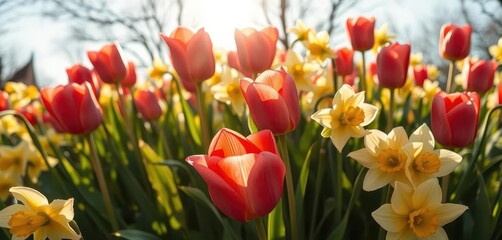 Obraz premium Sunlit tulips and daffodils burst forth in vibrant spring bloom, colorful, red