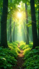 Obraz premium Blurred green forest with sun rays piercing through , light, green, overlay