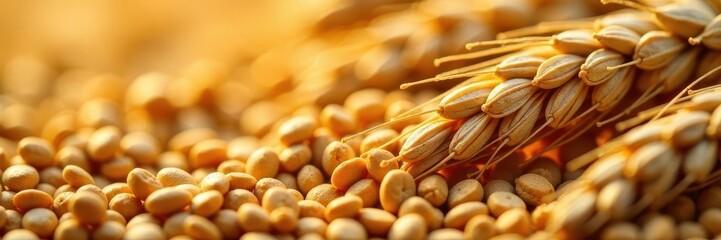 Close-up view of spelt bran, grains & wheat stalks , healthy, bran