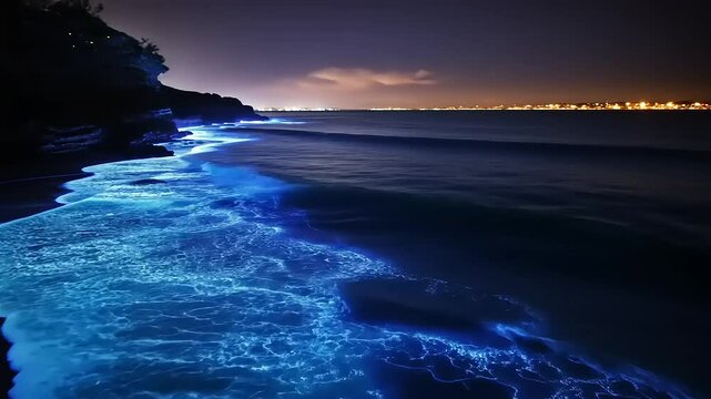 Bioluminescent waves illuminate a serene beach at night, with distant city lights twinkling