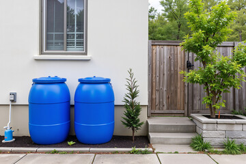 Two blue barrels collecting rainwater next to a house, demonstrating a sustainable irrigation system