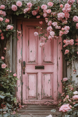 The charming pink door is adorned with vibrant, blooming roses for a delightful look