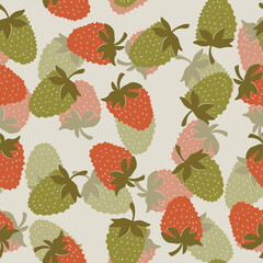 Seamless pattern with strawberry on color background. Natural delicious fresh ripe tasty fruit. Vector illustration for print, fabric, textile, banner, other design. Food concept.