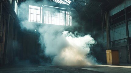 Smoke billowing in an industrial setting with sunlight filtering through.