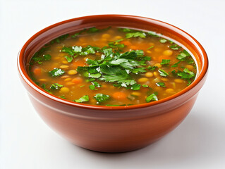 Homemade Lentil Soup with Fresh Herbs in a Clay Bowl