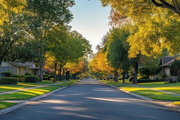 Obraz premium A quiet suburban street lined with trees and houses