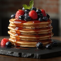 A delicious stack of golden pancakes drizzled with maple syrup is topped with fresh blueberries and strawberries for a tempting breakfast treat.