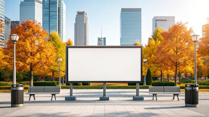City Park Billboard Mockup Autumn Trees and Urban Buildings with Blank Advertising Space