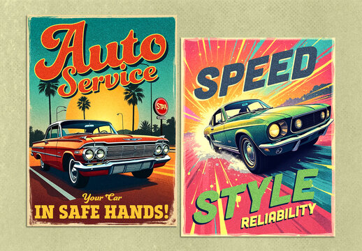 60s Vintage Car Repair & Racing Poster Templates