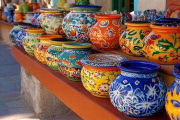 Vibrant ceramic plates and decorative accessories captured on a wooden shelf in a tableware store