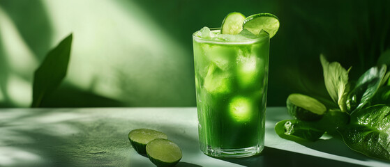 Refreshing Iced Green Juice with Cucumber and Lime in Sunlight