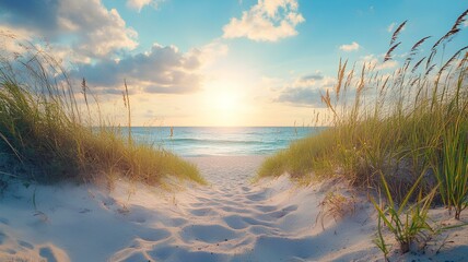 Sunset on the beach with dunes and grass. Nature background