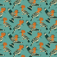 Naklejka premium Pattern of Eurasian Hoopoe. A small, brightly colored bird with a long, narrow beak and a fan-shaped crest. National symbol of Israel. Vector background for fabric, textil, wrapping paper, gift cards.