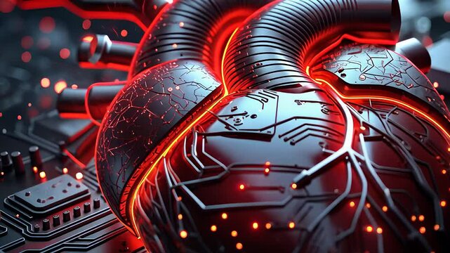 Futuristic Cybernetic Heart with Glowing Red Circuits and High-Tech Digital Components in a Sci-Fi Technology Setting

