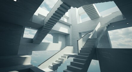 Naklejka premium Abstract Architectural Staircase Structure with Sky View and Concrete Design