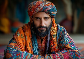 Obraz premium Individual in Colorful Turban and Shawl Seated Amid Softly Blurred Fabrics