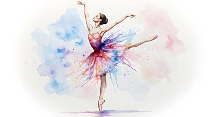 Obraz premium Ballerina Dancing Watercolor Style Illustration in Colorful Dress on White