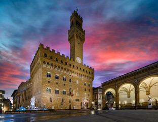 Night view of Florence Palazzo Vecchio, Fountain Neptune and Loggia Dei Lanzi in Piazza della Signoria in Florence, Italy. Architecture and landmark of Florence. © Ekaterina Belova