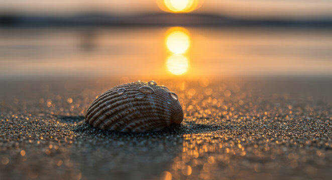 Close-Up of Scallop Shell with Water Drops on Sandy Beach at Sunset