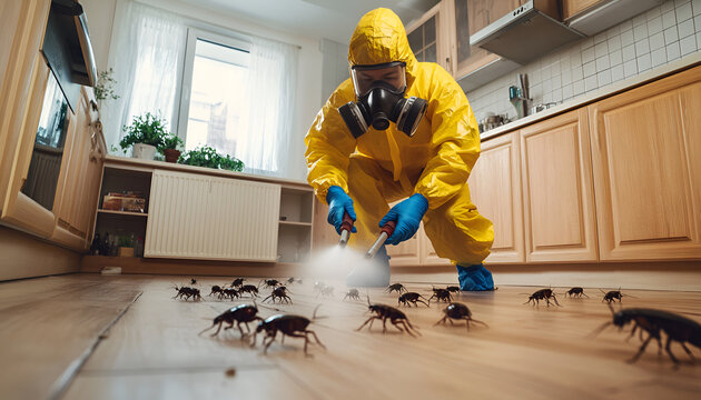 Professional exterminator focusing on cockroach infestation on kitchen floor. Efficient pest control method in use. Concept of infestation resolution, expert cleaning, and pest deterrence