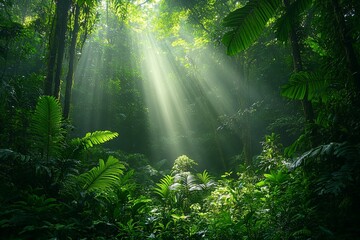 Obraz premium Sunlight beams through a vibrant lush green tropical rainforest scene