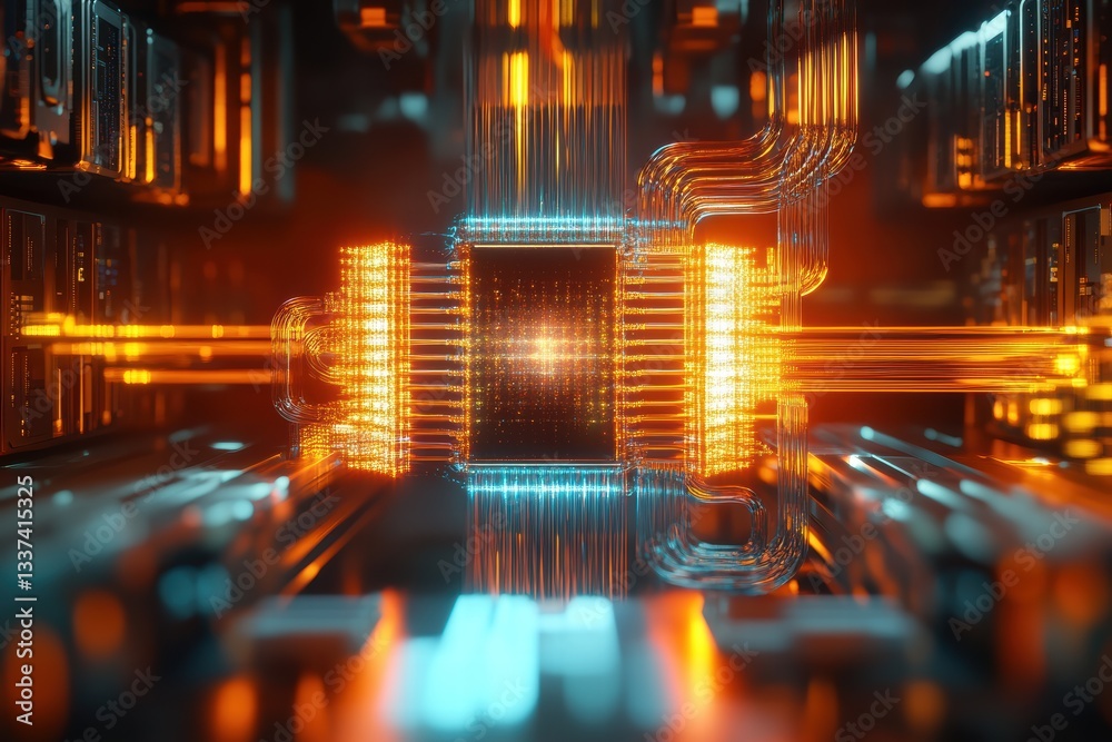 Poster conceptual visualization of advanced quantum computer technology in a digital environment