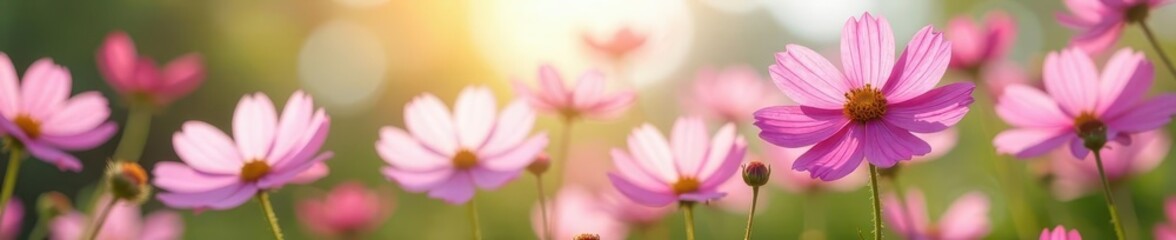 Obraz premium Cosmos flowers swaying gently in summer breeze , floral, wallpaper, wildflower